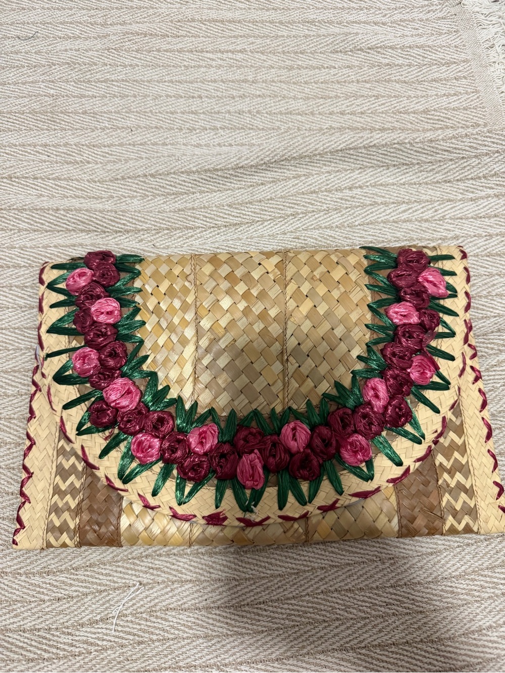 Handwoven Straw Clutch with Pink Rose Embroidery